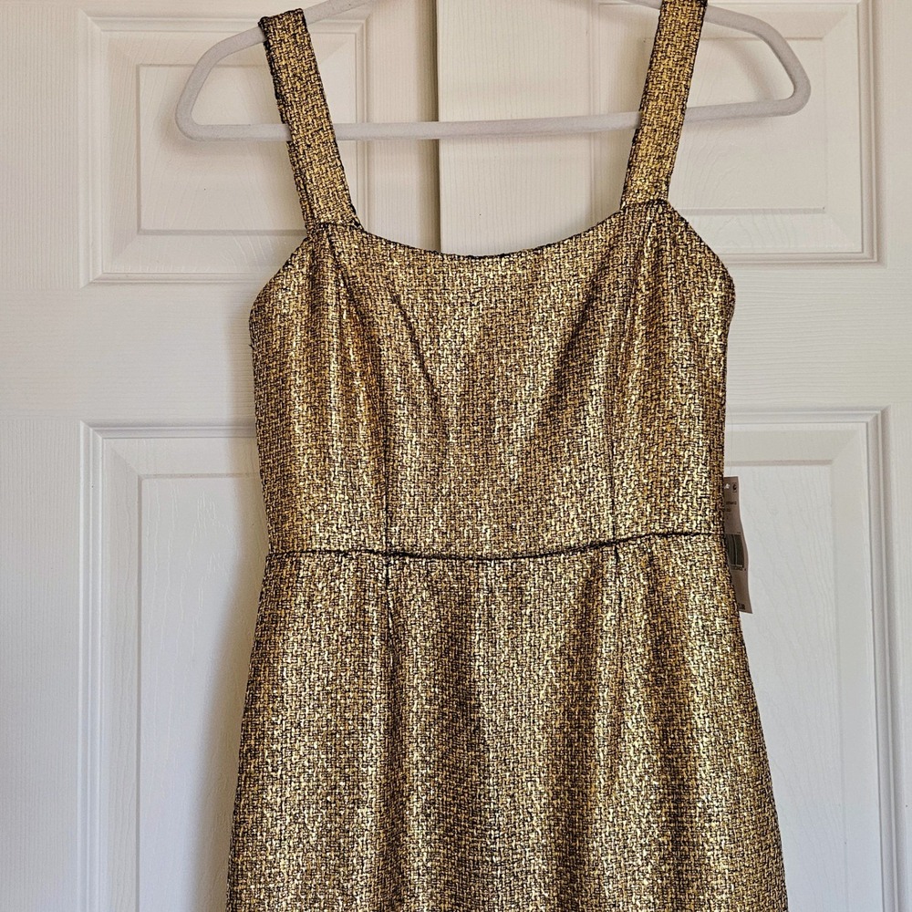 Mestiza New York Jody Metallic Gold Tweed Square Neck Flutter Hem Midi Dress 2‎ - Picture 4 of 16
